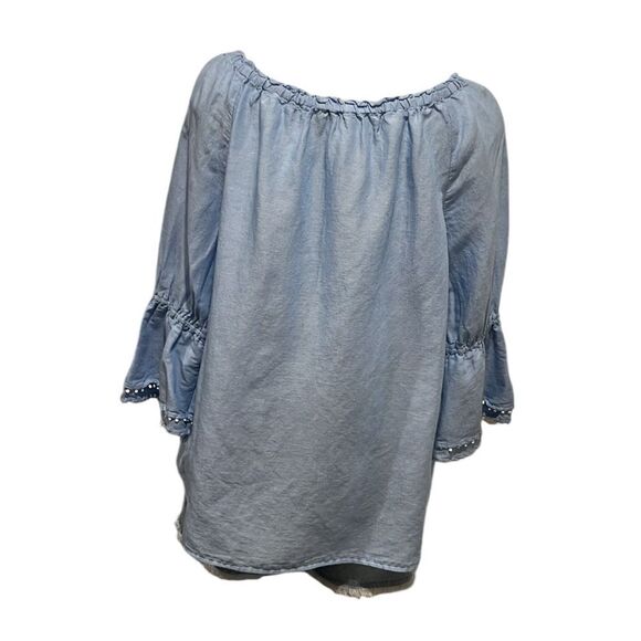 Talbots Factory blue linen blend boat neck bell sleeves top size Large - Picture 2 of 7